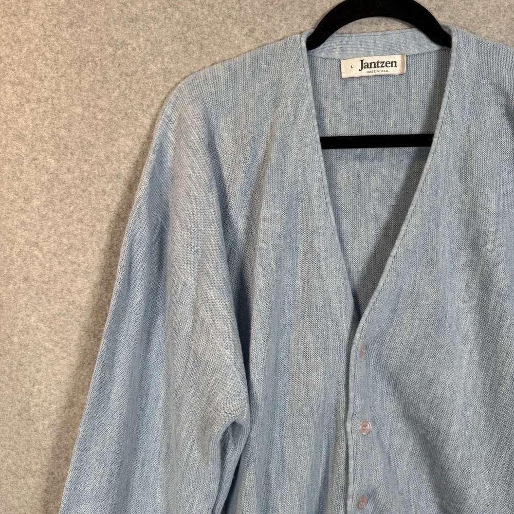 Vintage Jantzen Cardigan Size Large Mens Blue Knit Sweater Pure Wool Made In USA - Picture 2 of 11